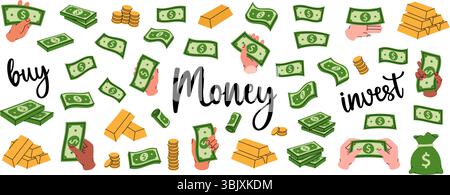 Dollar banknotes set. Flying cash, green banknotes, stack of money, dollar bills, gold coins and bars. Money investment and business concept. Stock Vector
