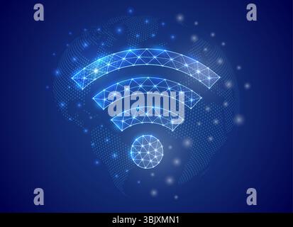 Wi-Fi low poly symbol with world map background. Internet zone concept design illustration. Connection polygonal symbol Stock Vector