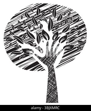Illustration Tree with Foliage - Big Hand as Trunk. Black and White Colors. Vector Design Stock Vector