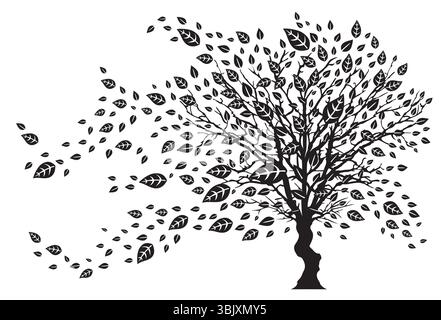 Tree in the Wind Leaves Falling - Illustration Vector Design in Black and White Stock Vector