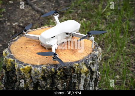 Small Quadcopter Drone copter parked on a birch tree stump rainy weather summer time Stock Photo