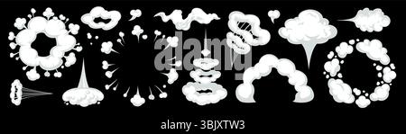 Vector cartoon smoke cloud with comic boom, puff, and trail effects on black background. Smoke and clouds in dynamic cartoon style. Perfect for comics Stock Vector