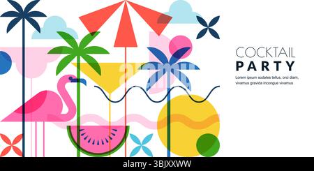 Beach cocktail party banner template. Flat vector design with tropical drinks, fruits and bar elements. Colorful geometric layout for summer flyer, po Stock Vector