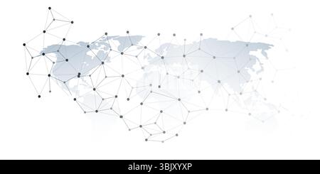 A conceptual vector graphic creative design showing a world map overlaid with a network of interconnected nodes and lines, representing global communi Stock Vector