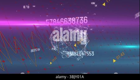 Displaying wireframe sphere floating in 3D space, with numeric overlays, yellow markers, line graph Stock Photo