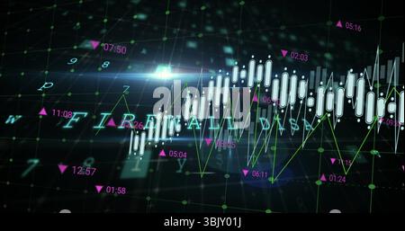 Displaying white candlesticks and green line graph with pink arrows in dark virtual interface Stock Photo