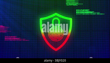 Displaying shield icon merging padlock and fingerprint on cybersecurity interface, binary streams Stock Photo