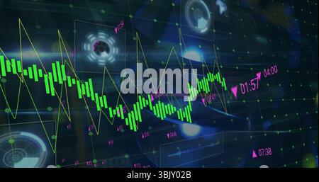 Displaying financial data across dashboard with green candlestick yellow trendline pink timestamps Stock Photo