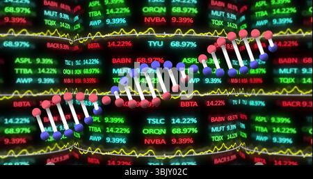 Displaying stylized DNA helix model floating on data screen, with stock tickers and line graphs Stock Photo