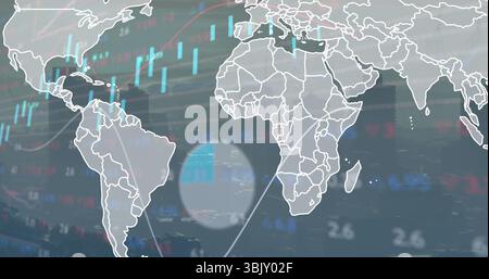 Displaying map outline over data interface showing candlesticks line graphs and circular highlight Stock Photo