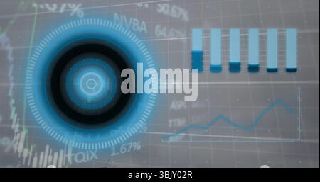 Showing circular HUD overlaying dashboard grid with bar chart line graph percent labels copy space Stock Photo