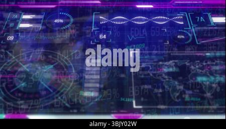 Displaying futuristic HUD on sci-fi panel with holographic progress circles DNA helix world map Stock Photo