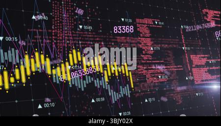 Displaying financial chart on trading dashboard, with candlestick and histogram bars and line graph Stock Photo