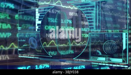 Holographic interface spanning control room, displaying molecular structure, globe, stock tickers Stock Photo