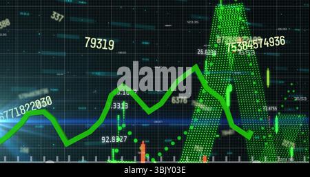 Displaying green line graph fluctuating on financial dashboard with 3D columns and floating numbers Stock Photo