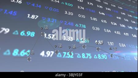 Displaying financial dashboard showing floating readouts on trading screen, with trend line markers Stock Photo