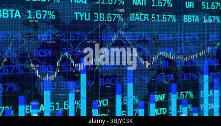Displaying digital chart overlaying map on trading screen, with tickers and candlesticks Stock Photo