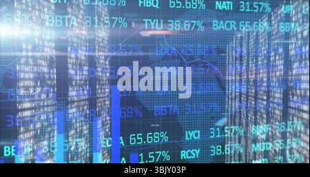 Displaying holographic financial data overlay in server room, with server racks and stock tickers Stock Photo