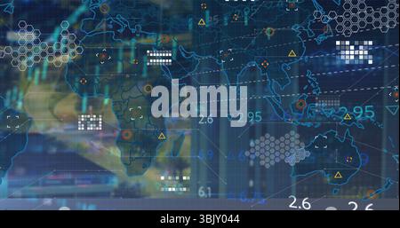 Displaying digital world map overlaying grid in interface, with hexagon patterns and numbers Stock Photo