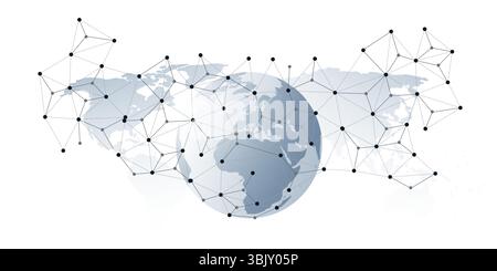 Abstract grey globe with 3d network points and lines connecting continents over a gray world map background. Modern concept for global communication, Stock Vector