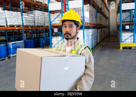 Asian male warehouse worker wearing safety vest holding cardboard box near racks in warehouse Stock Photo