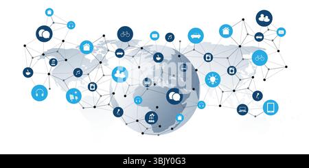 A vector graphic illustrating IoT and global connectivity. A world map is overlaid with a network of nodes and icons representing smart devices and se Stock Vector