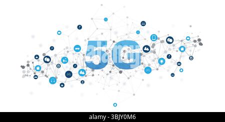 An illustration of 5G wireless network technology and Internet of Things (IoT), featuring a global network background, connected smart devices, and ic Stock Vector