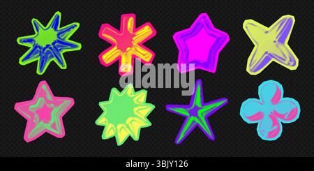 Y2k 3d punk neon colors light chrome halftone stars shape retro abstract vector illustration sticker set. Stock Vector