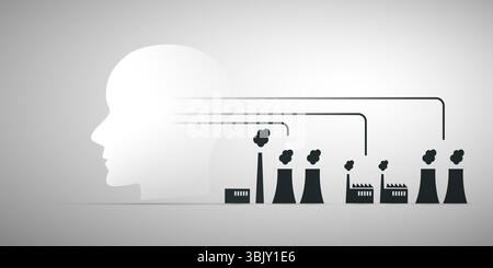 AI's energy hunger meets environmental concern: a human head silhouette next to the coal plants highlights the ecological cost of powering advanced te Stock Vector