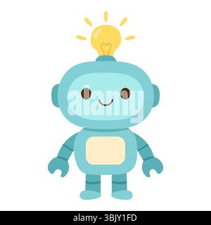 Smiling blue robot with light bulb on head for tech themed childrens projects and designs Stock Vector