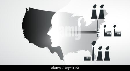 AI's energy hunger meets environmental concern design : a human head silhouette and coal plants with smoke appear in front of the USA map, highlightin Stock Vector