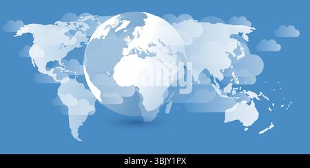 A conceptual image of global reach or connection, featuring a stylized world map and 3d earth globe beneath stylized, floating grey clouds on a blue b Stock Vector