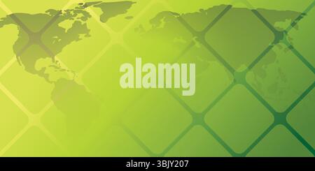 Abstract vector background featuring a dark world map overlaid with a semi-transparent rounded square grid in green and yellow tones, symbolizing glob Stock Vector