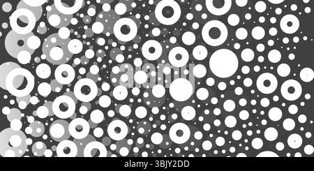 A monochromatic abstract pattern of bright white overlapping circles and rings with varying sizes, forming a textured and dynamic design on a dark bac Stock Vector