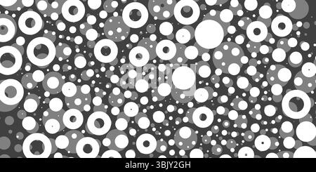 A monochromatic abstract pattern of bright white overlapping circles and rings with varying sizes, forming a textured and dynamic design on a dark bac Stock Vector