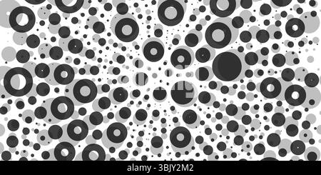 A minimal abstract pattern of black circles with soft gray shadows on a white background, creating a visual illusion of depth and movement from outer Stock Vector