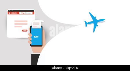 An illustration showing online flight booking with secure payment via smartphone. A plane, receipt, and a login form represent digital travel, mobile Stock Vector