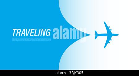 An Airplane Silhouette Opens Up the Translucent Cover Background Over the Text: Traveling. Blue Template Banner for Trip to Abroad or Vacation Web Ads Stock Vector