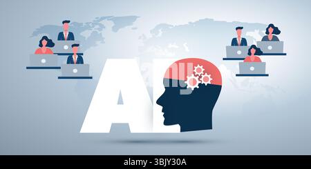 Conceptual illustration of AI supporting and overseeing remote workers working on laptops across a global map, symbolizing intelligent assistance in b Stock Vector