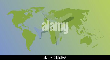 Modern vector illustration of a transparent airplane silhouette over a green world map with a vibrant gradient background from blue to vivid green. Id Stock Vector