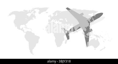 Minimalist vector illustration of a gray world map with a big dark airplane silhouette blending into the continents.. Concept of global travel, aviati Stock Vector