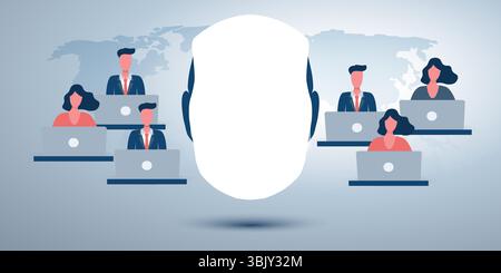 Conceptual illustration of AI supporting and overseeing remote workers working on laptops across a global map, symbolizing intelligent assistance in b Stock Vector
