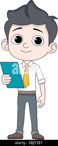 Cartoon illustration of a male businessman or office worker carrying documents, symbolizing business strategy evaluation, planning, and decision makin Stock Vector