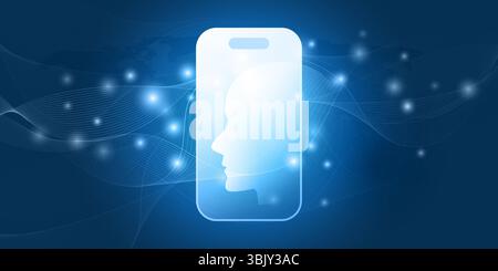 A conceptual blue-and-white image symbolizing AI, machine learning and facial recognition. A human head merges with a smartphone, overlaid with a digi Stock Vector