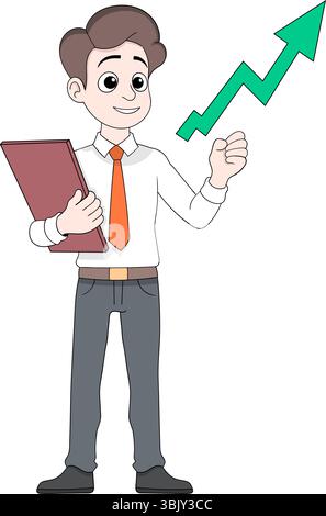 Cartoon illustration of a male office employee standing and holding documents with a rising arrow chart in the background Stock Vector