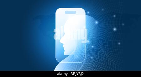 A dark blue concept illustration of AI and facial recognition. A human head silhouette and smart phone outline merge over a blue network background wi Stock Vector