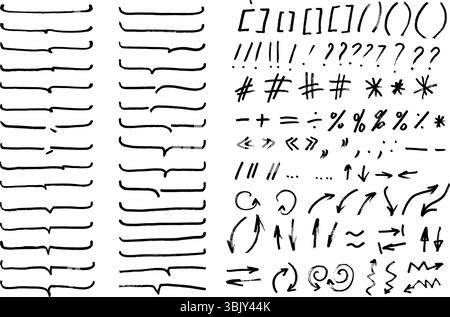 Marker felt pen or crayon doodle text frames, direction arrows and text marks emphasis scribbles collection. Stock Vector
