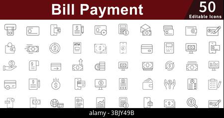 Bill Payment Finance Icon Set - 50 Editable Financial Transaction Icons for Banking, Invoice and Money Management Vector Collection Stock Vector