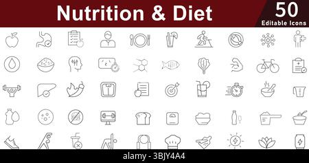 Nutrition Diet Icon Set - 50 Editable Healthy Food Icons for Fitness, Weight Loss and Wellness Lifestyle Vector Collection Stock Vector