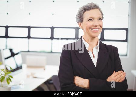 White desk sitting near frosted windows featuring open laptop with scattered papers, potted plant Stock Photo